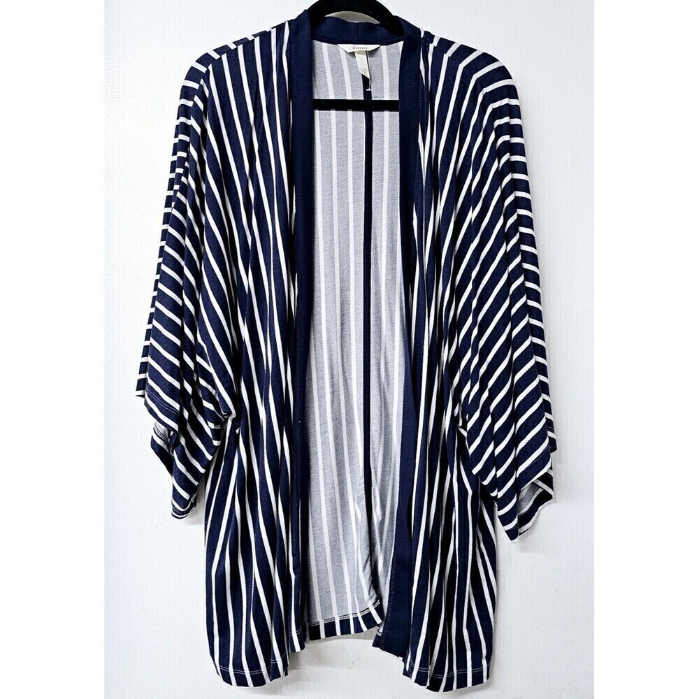 SOMA Blue White Striped Open Front Women Kimono Cozy Soft Cardigan (L)